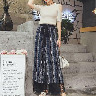 Set: Elbow-sleeve Knit Top + Patterned Wide Leg Pants