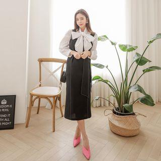 Slit-front Stitched Suspender Dress With Sash One Size