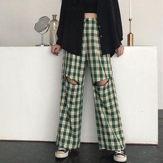 Plaid Ripped Wide Leg Pants