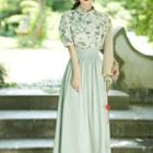 Set: Puff-sleeve Floral Qipao Top + Midi A-line Skirt