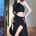 Halter-neck Crop Top / Tie-side Slit Midi A-line Skirt