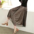 Stripe Tulle-overlay Satin Long Skirt