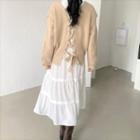 Buttoned Lace Up Cardigan / Long-sleeve Tiered Midi A-line Dress