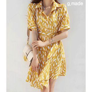 Patterned Flared Shirtdress With Sash