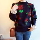 Round-neck Floral Print Sweater Navy Blue - One Size