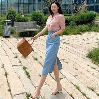 Set: Puff-sleeve Blouse + Slit-back Denim Midi Skirt