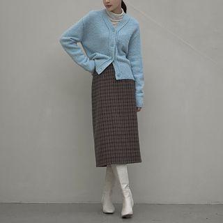 Band-waist Plaid Midi Skirt Dark Brown - One Size