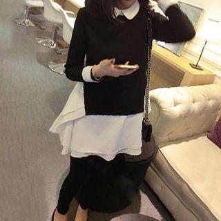 Contrast Trim Chiffon Hem Collared Long Sleeve Dress