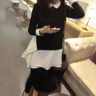 Contrast Trim Chiffon Hem Collared Long Sleeve Dress