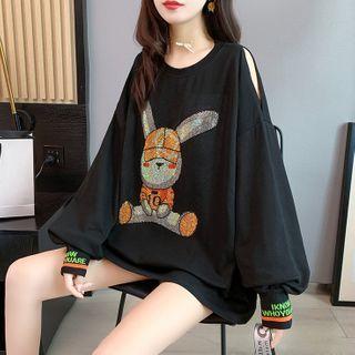 Rabbit Print Cold-shoulder Pullover