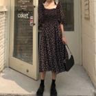 Short-sleeve Square-neck Floral Dress Black - One Size