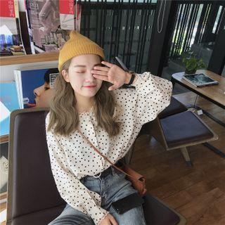Lace Neckline Dotted Long-sleeve Shirt Almond - One Size