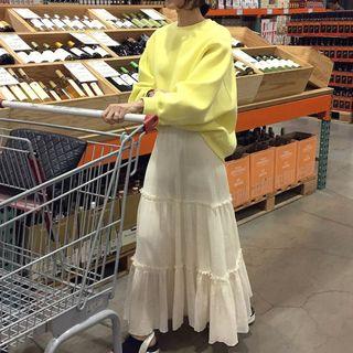 Plain Pullover / Frill Trim Maxi A-line Skirt