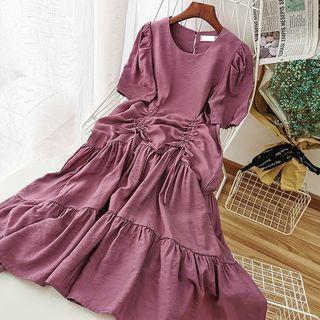 Plain Short-sleeve Drawstring Midi A-line Dress