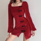 Square-neck Frog-button Slit Mini Bodycon Dress