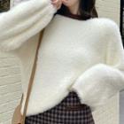 Round Neck Furry Sweater / Long Sleeve Top / Plaid Skirt
