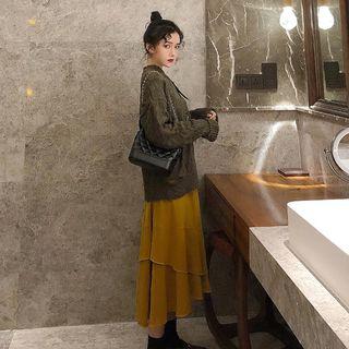 Mock Neck Sweater / Midi A-line Tiered Skirt