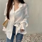 Long-sleeve Cutout Top Top - White - One Size