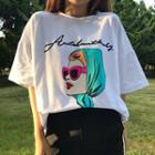 Elbow-sleeve Print T-shirt / Sleeveless V-neck Lace Top