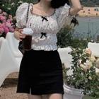 Puff-sleeve Dotted Ruffled Blouse White - One Size