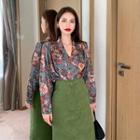 Floral Print Shirt / Midi A-line Skirt