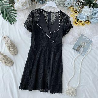 Faux-pearl Lapel Lace Dress
