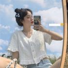 Short-sleeve V-neck Frilled Top