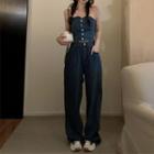 Denim Tube Top / Mid Rise Striped Wide Leg Jeans