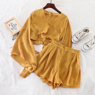 Set: Bell-sleeve Blouse + High-waist Wide-leg Shorts