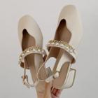 Block Heel Faux Pearl Chained Slingback Pumps