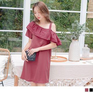 Asymmetric Cutout Shoulder Ruffle Shift Dress