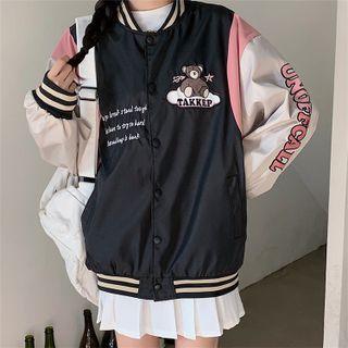 Bear Lettering Print Baseball Jacket