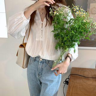 V-neck Plain Lace Striped Button-up Blouse White - One Size