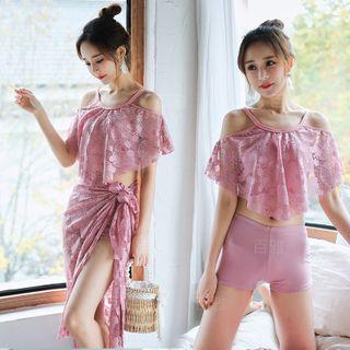 Set: Lace Cold-shoulder Tankini Top + Swim Shorts + Cover Up