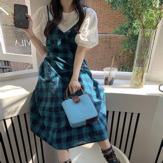 Short-sleeve Plain Blouse / Spaghetti Strap Plaid Dress