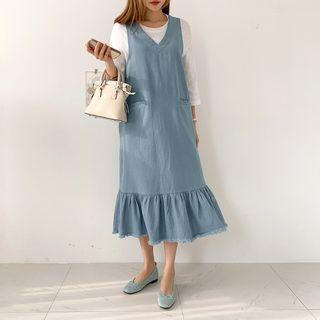 Sleeveless Ruffle-hem Denim Dress Light Blue - One Size