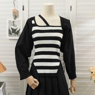 Set: Asymmetrical Striped Tank Top + Knit Cape Top