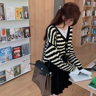 Striped V-neck Cardigan / Pleated Mini A-line Skirt