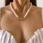 Rhinestone Honey Lettering Faux Pearl Pendant Necklace Gold - One Size