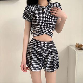 Set: Short-sleeve Houndstooth Swim Top + Shorts