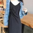 Spaghetti-strap Slit Midi A-line Dress Black - One Size