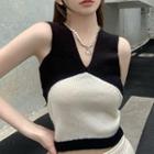 Two-tone Knit Crop Tank Top Black & Off-white - One Size