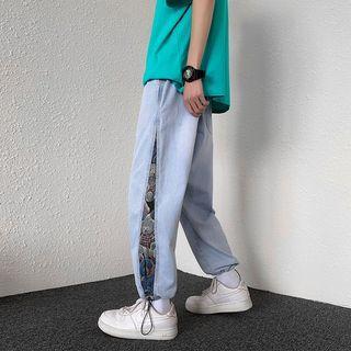Mid Rise Bear Print Panel Drawstring Baggy Jeans