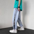 Mid Rise Bear Print Panel Drawstring Baggy Jeans