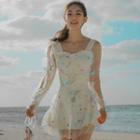 Long-sleeve Starry Print Mesh Swimsuit