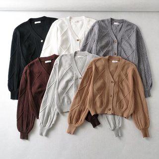 Long Sleeve V-neck Argyle Crop Cardigan