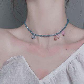 Flower Pendant Bead Choker 1pc - Blue & Pink & Orange - One Size