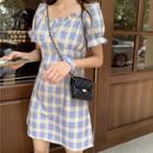 Puff-sleeve Checked Frill Trim Mini Sheath Dress
