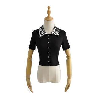 Short-sleeve Zebra Print Collar Crop Top
