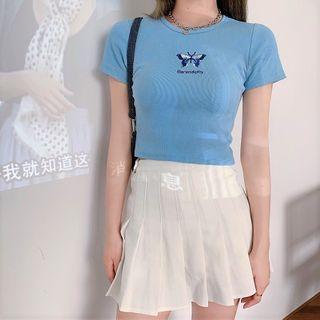 Short-sleeve Butterfly Embroidered Ribbed T-shirt